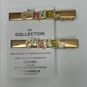 CHANEL perfumes set of 2 Gold Hair Clips with Colorful Letters new